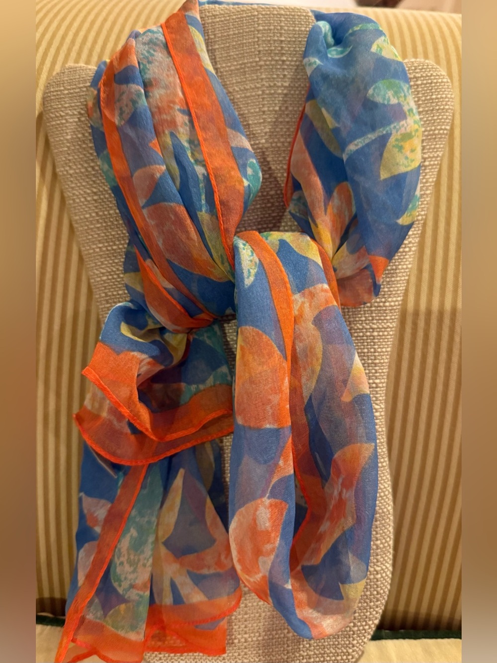 Vintage Tres-Elle Italian Sheer Scarf Abstract Blue Orange Hand Rolled Hem